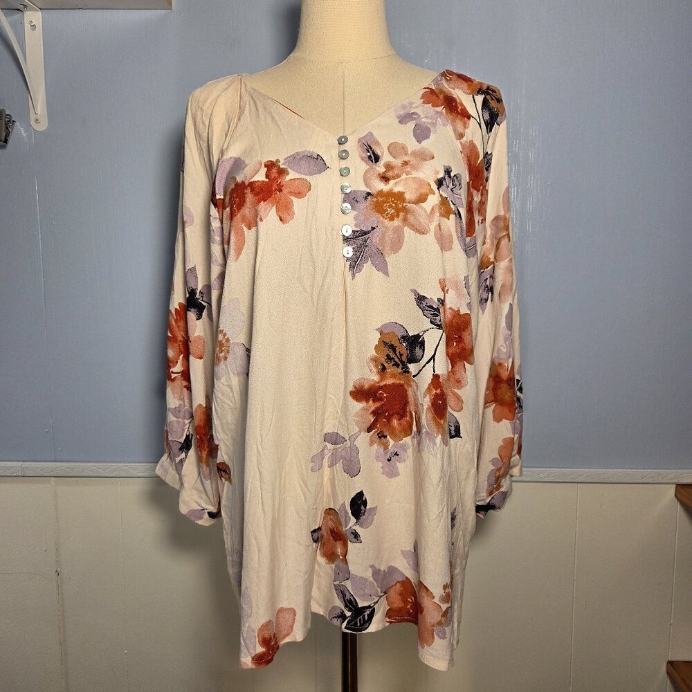Papermoon Medium Off White Floral 3/4 Sleeve Summer Casual Chiffon Blouse
